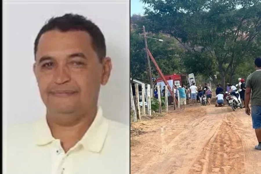 Montagem mostra o vereador e presidente da Câmara Municipal de Bertolínia, conhecido como Ademarzinho, e a aglomeração que se formou no local onde o corpo dele foi encontrado nesta terça (13) | Montagem: Meio News