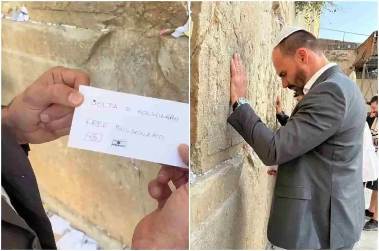 Montagem mostra homem orando no Muro das Lamentações e bilhete com mensagem de cunho político deixado no local. (Foto: Reprodução)