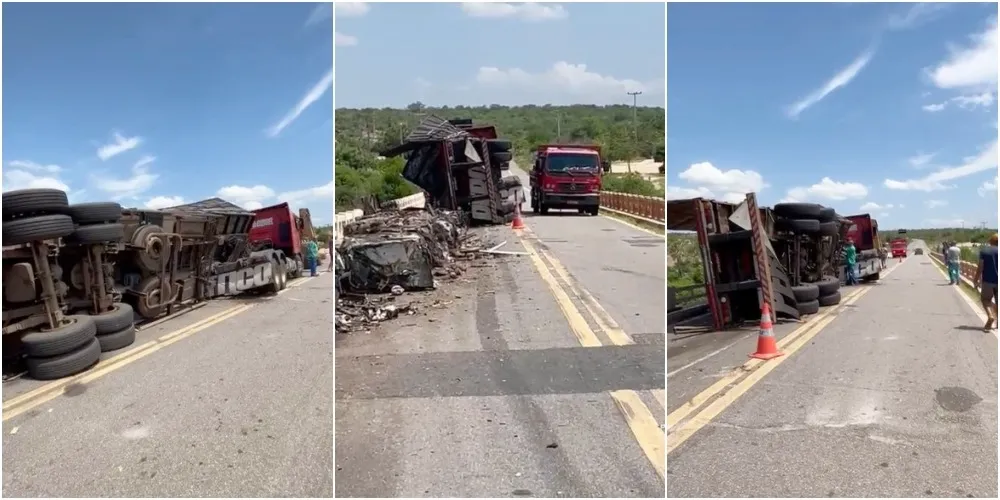 Carreta tomba na BR-407 em Jaicós e interdita parcialmente ponte no povoado Maria Preta