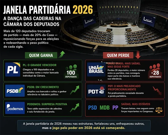 Janela partidária mantém a forte polarização para as eleições fortalecendo a direita bolsonarista com PL e estabilidade para o PT Imagem gerada por IA