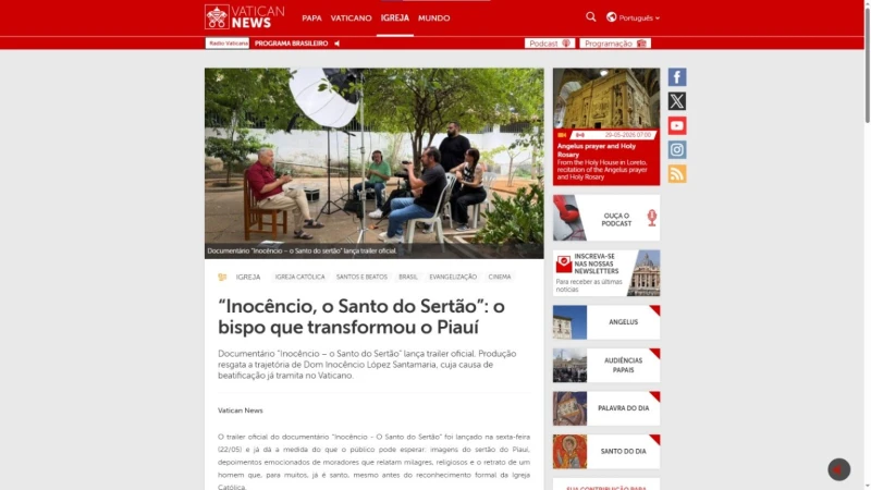 Documentário piauiense sobre Dom Inocêncio ganha destaque no portal oficial do Vaticano