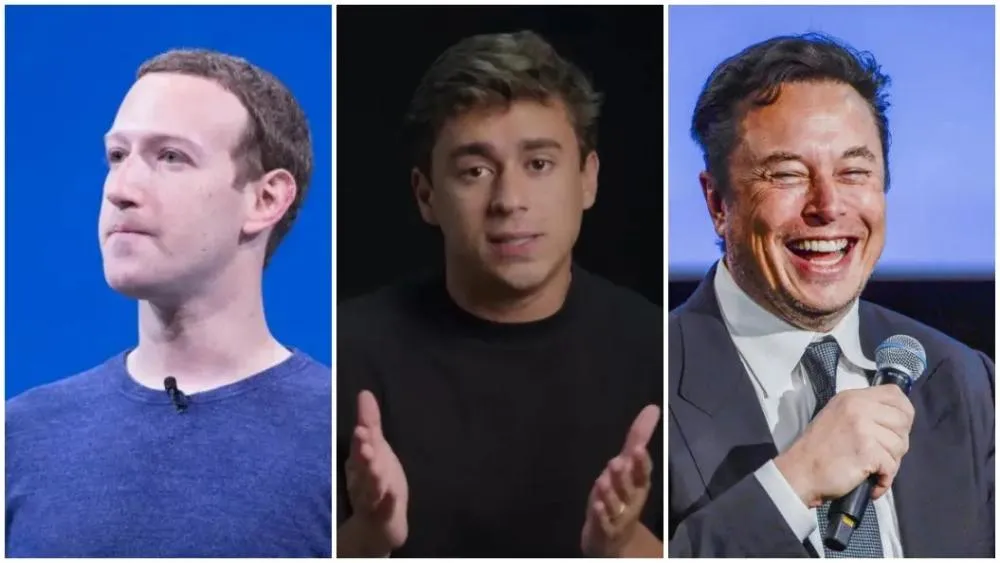 Mark Zuckerberg, dono da Meta; o deputado federal Nikolas Ferreira (PL-MG); e Elon Musk, dono do X (ex-Twitter). Foto: Reprodução
